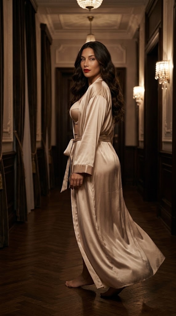 EVELYSS in a champagne silk robe walking a dim hotel corridor