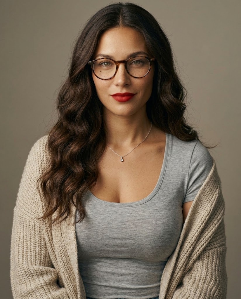 EVELYSS in tortoiseshell glasses, a fitted grey tee and a chunky oatmeal cardigan
